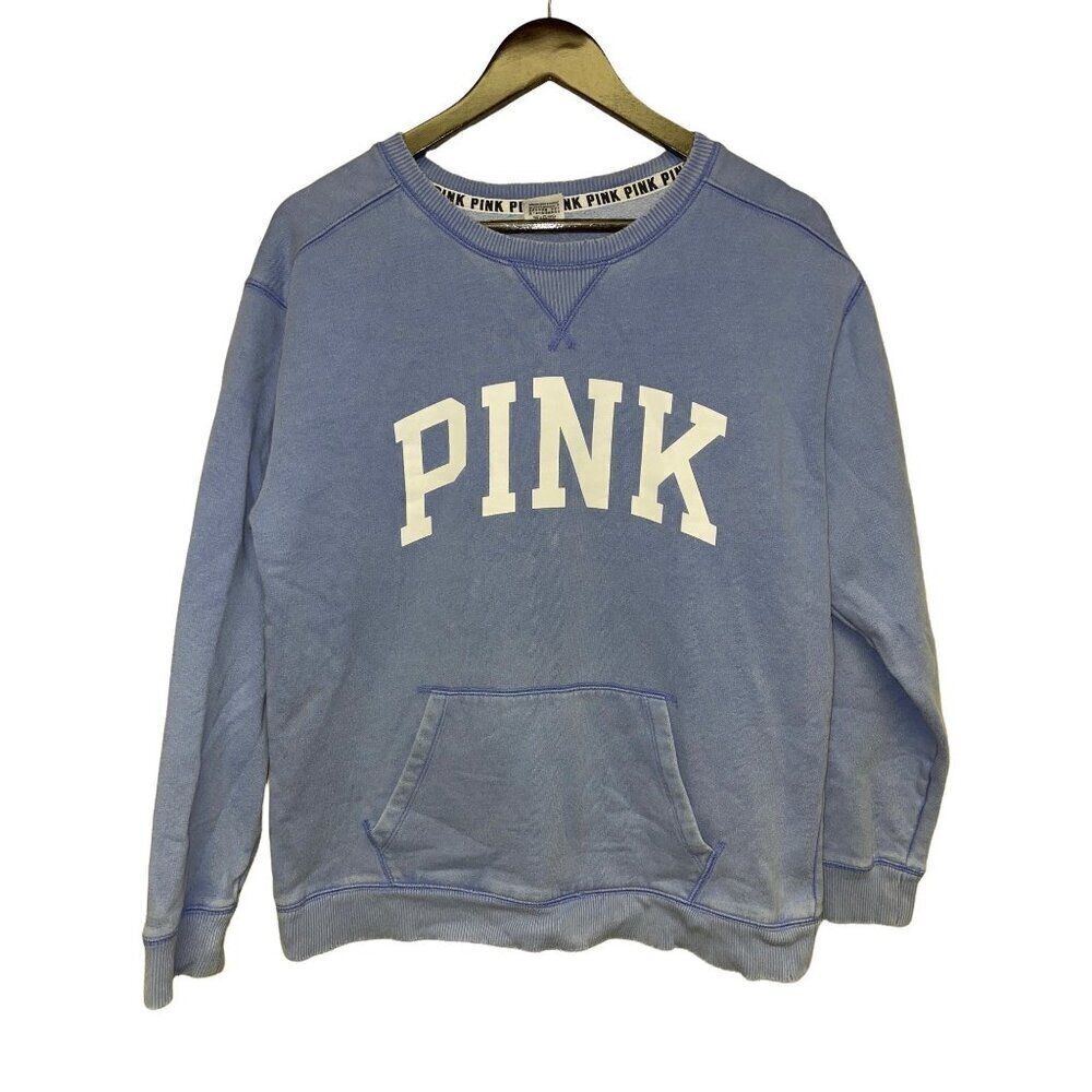 PINK Victoria's Secret Blue Spell Out Crew Neck Sweatshirt Women's Size Small